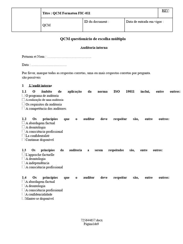 QCM Auditoria Interna ISO 19011 | PDF | Competência (Recursos Humanos ...