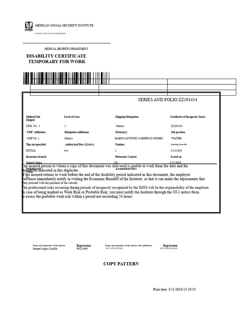 Disability Certificate for Waiter in Oaxaca | PDF | Social Policy