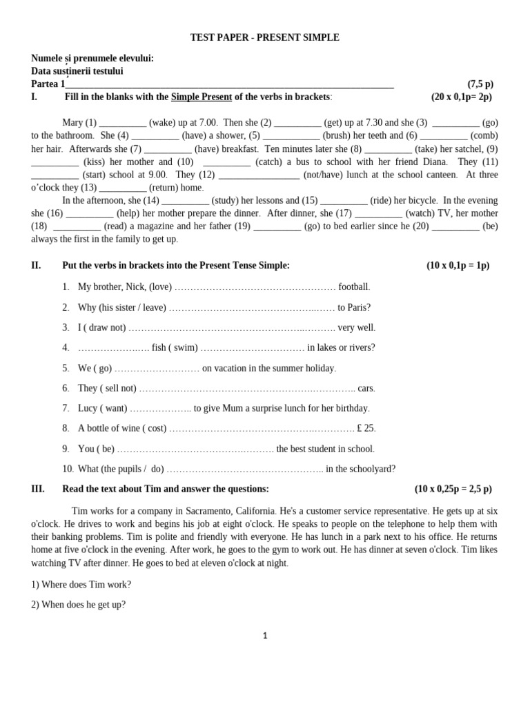 Present Simple Test for 5th Grade Students | PDF | Question | Subject ...