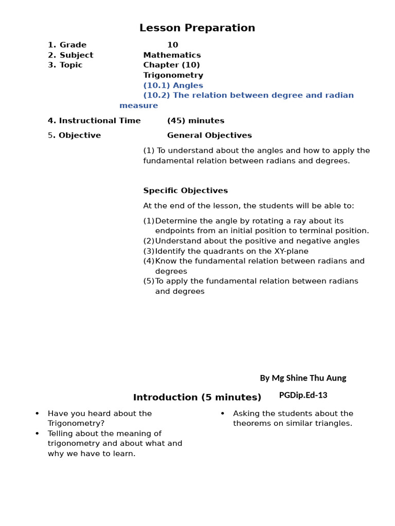 Trigonometry Lesson Plan for Grade 10 | PDF | Angle | Trigonometry