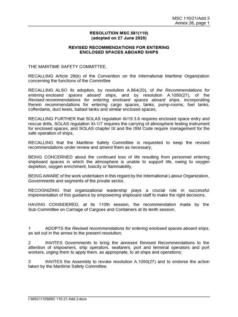 Resolution MSC.581 (110) Revised Recommendations For Entering Enclosed ...