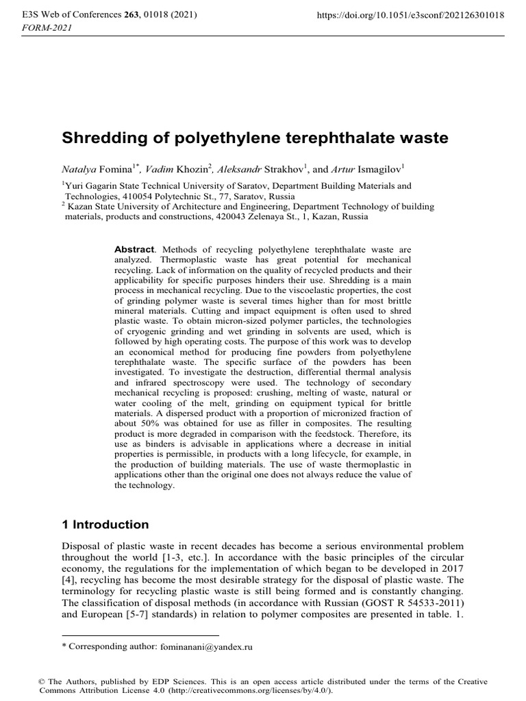 Shredding of Polyethylene Terephthalate Waste | PDF | Mill (Grinding ...