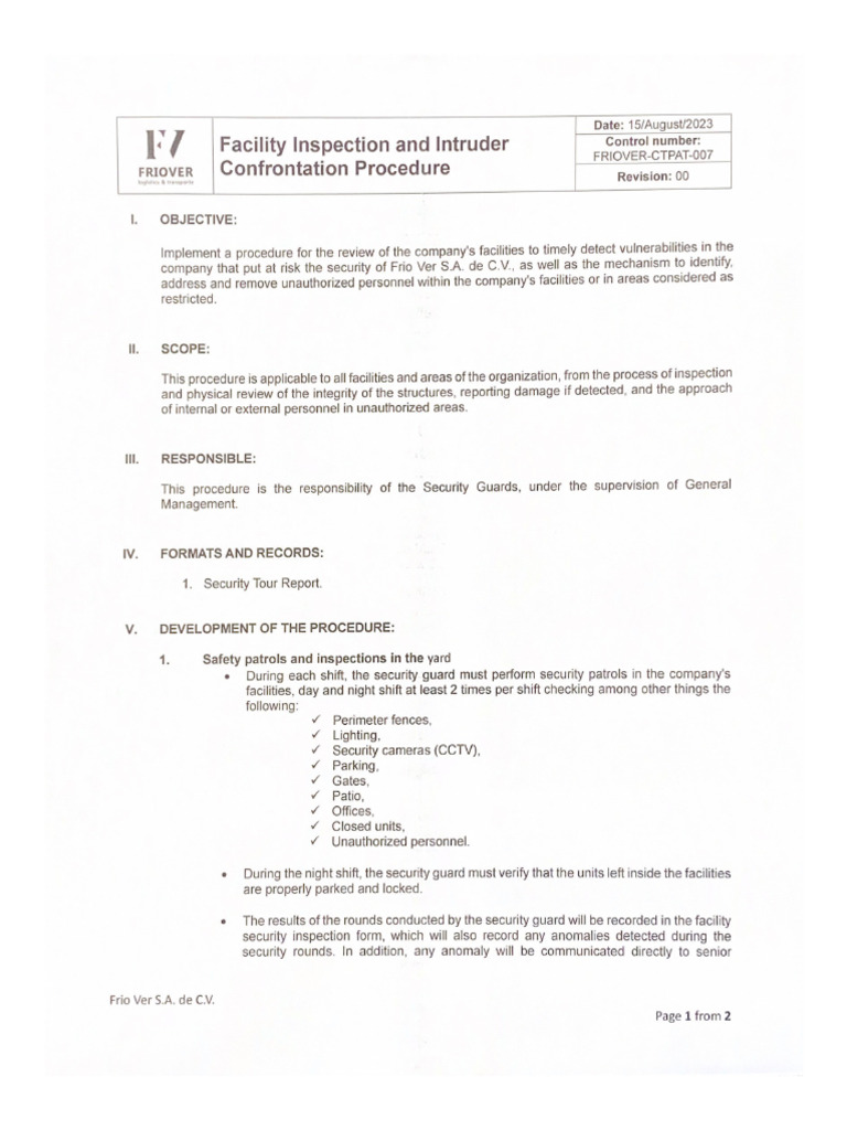 FRIOVER-CTPAT-007 Facility Inspection and Intruder Confrontation ...