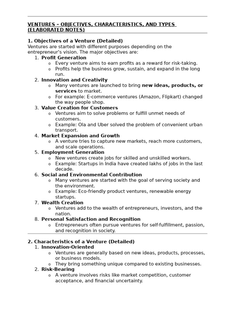 Venture Objectives, Characteristics, Types | PDF | Entrepreneurship ...