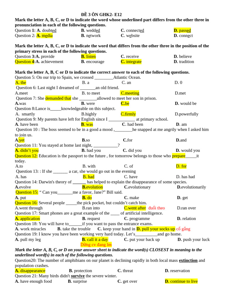 English Test Questions for E12 Students | PDF | Virus | Sign Language