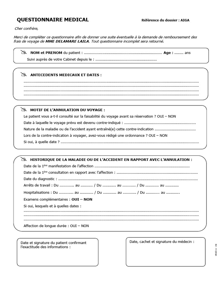 Questionnaire médical pour remboursement voyage | PDF