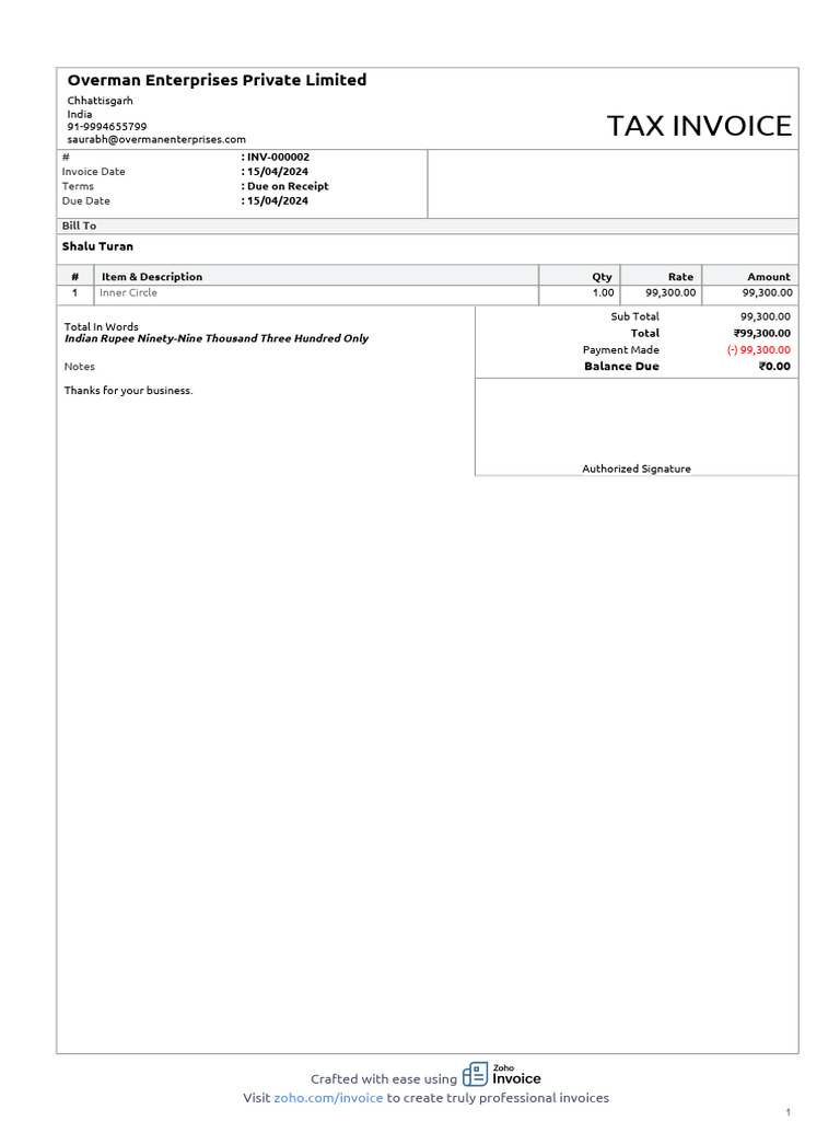 Professional Tax Invoice Template | PDF