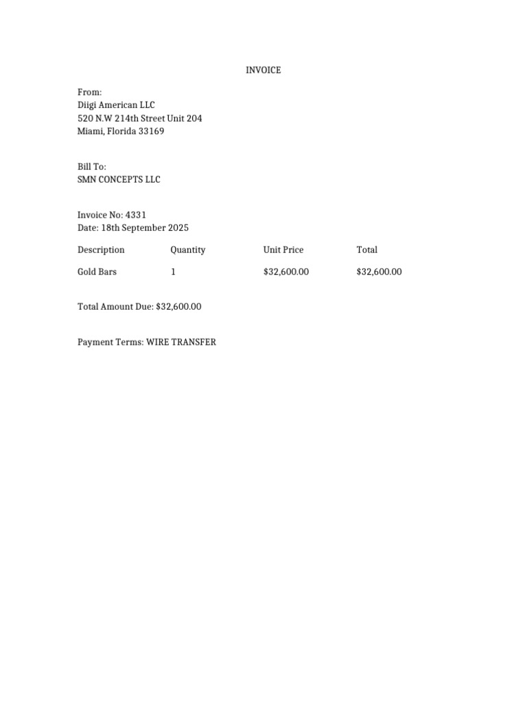 Invoice for Gold Bars - $32,600 Due | PDF