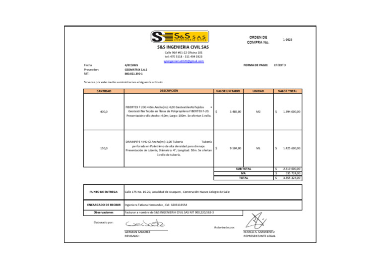 Orden de Compra Geomatrix S.A.S 2025 | PDF | Materiales de construcción