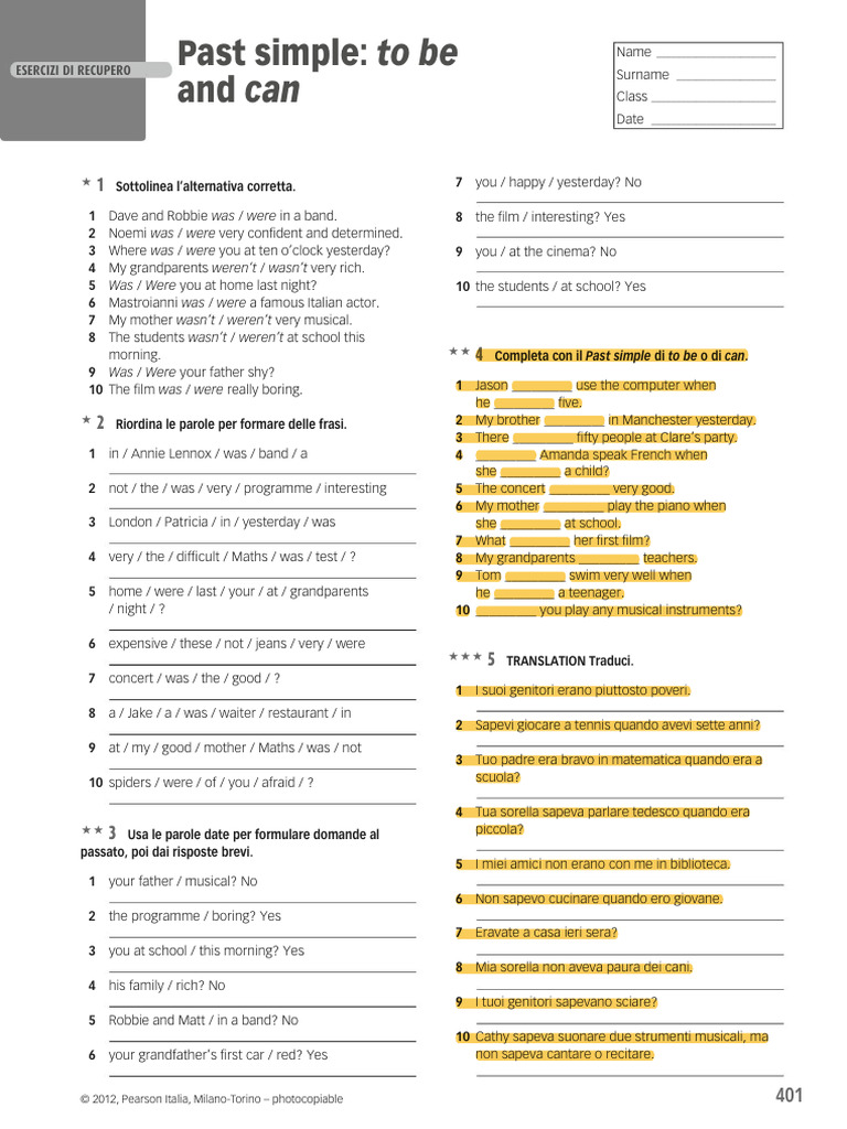 Past Simple Exercises: To Be and Can | PDF