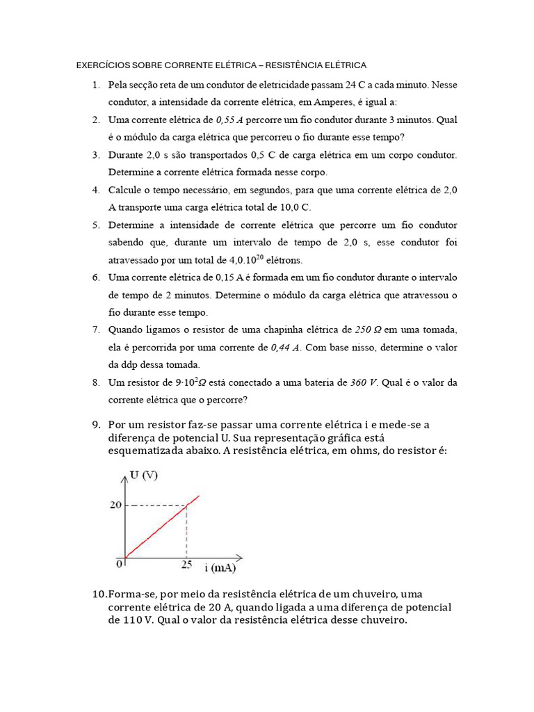 Exercícios de Corrente e Resistência Elétrica | PDF