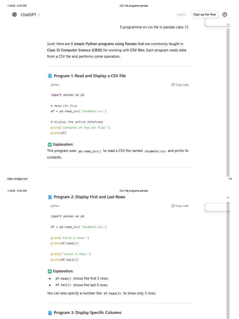 Python Pandas CSV Programs for Class 12 | PDF | Comma Separated Values ...