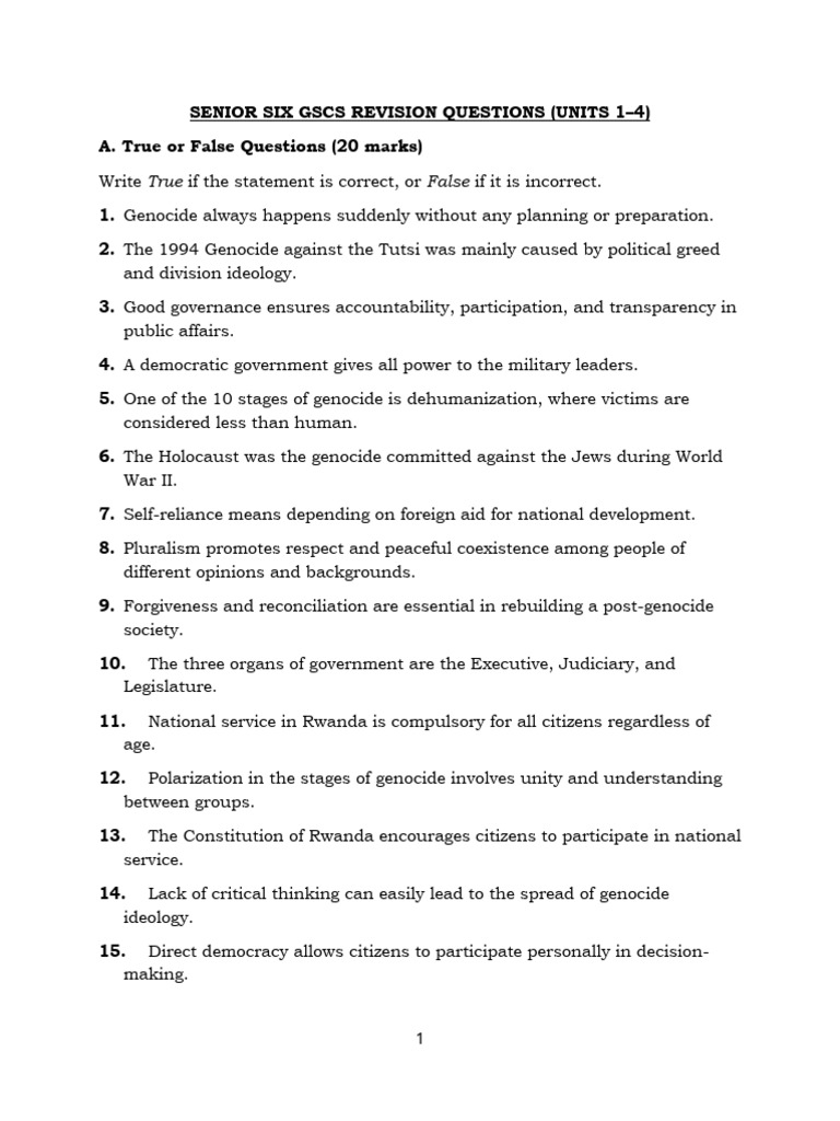 Senior Six Gscs Revision Questions | PDF | Genocides | Rwandan Genocide