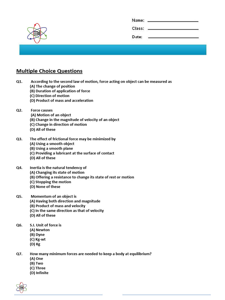 Test Paper - Force and Motion | PDF | Force | Newton's Laws Of Motion