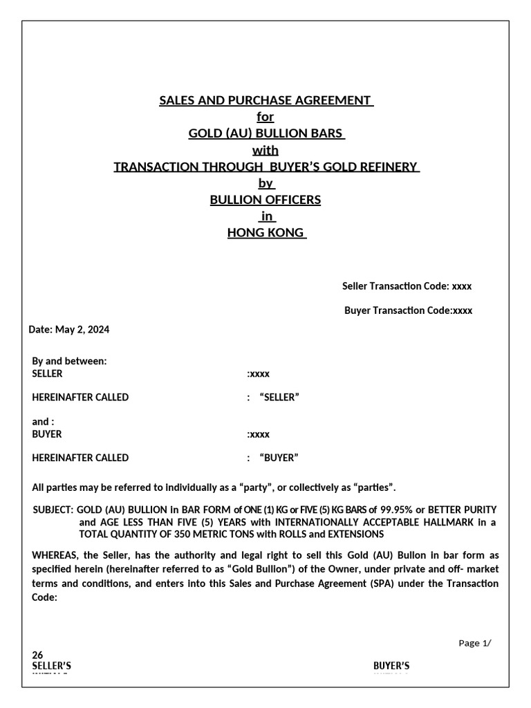 Gold Bullion Sales Agreement Hong Kong | PDF | Arbitration | Gold As An ...