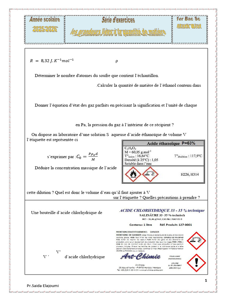 Calculs de chimie : matières et gaz | PDF | Acide chlorhydrique | Pression
