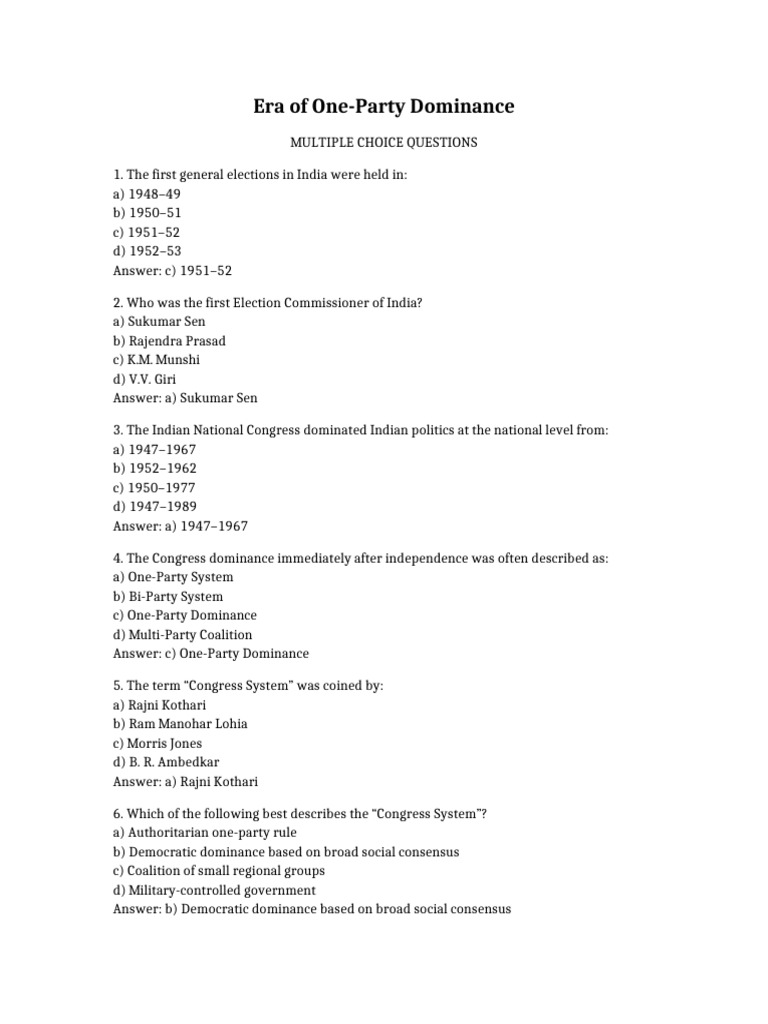 One-Party Dominance in Indian Politics | PDF | Indian National Congress ...