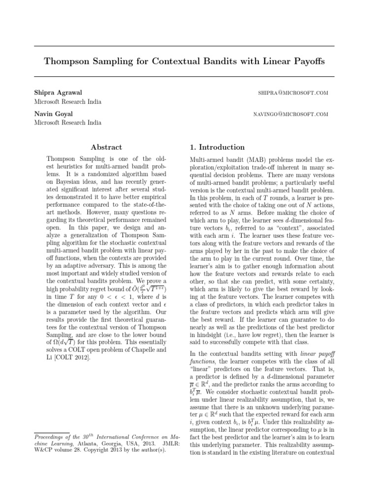 Thompson Sampling for Linear Contextual Bandits | PDF | Mathematics ...