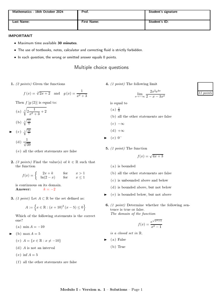 Mathematics Exam Solutions - October 2024 | PDF | Function (Mathematics ...