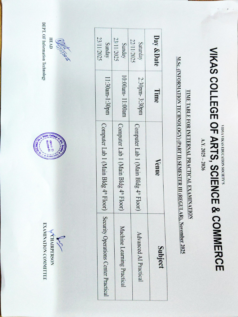 Internal Time Table A.Y 2025-26 | PDF