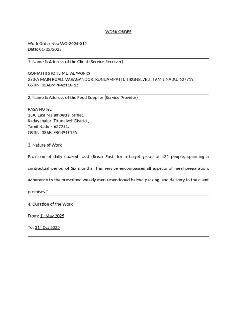 Work Order - Gomathi Stone Metal Works | PDF | Meal | Cuisine