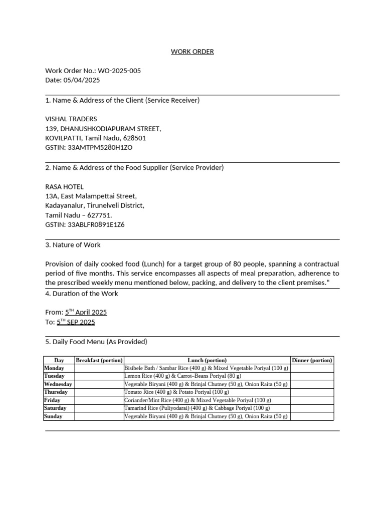 Food Service Work Order for Vishal Traders | PDF | Chutney | Lunch