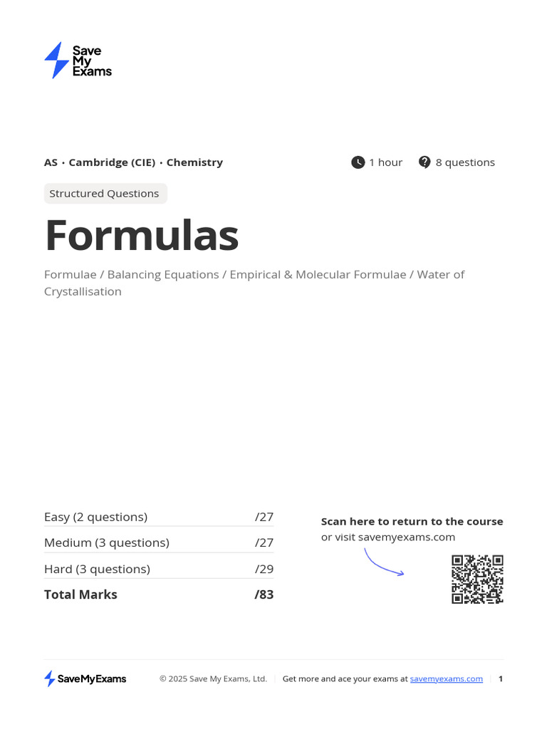 Chemistry Exam: Formulas & Equations | PDF | Salt (Chemistry) | Acid