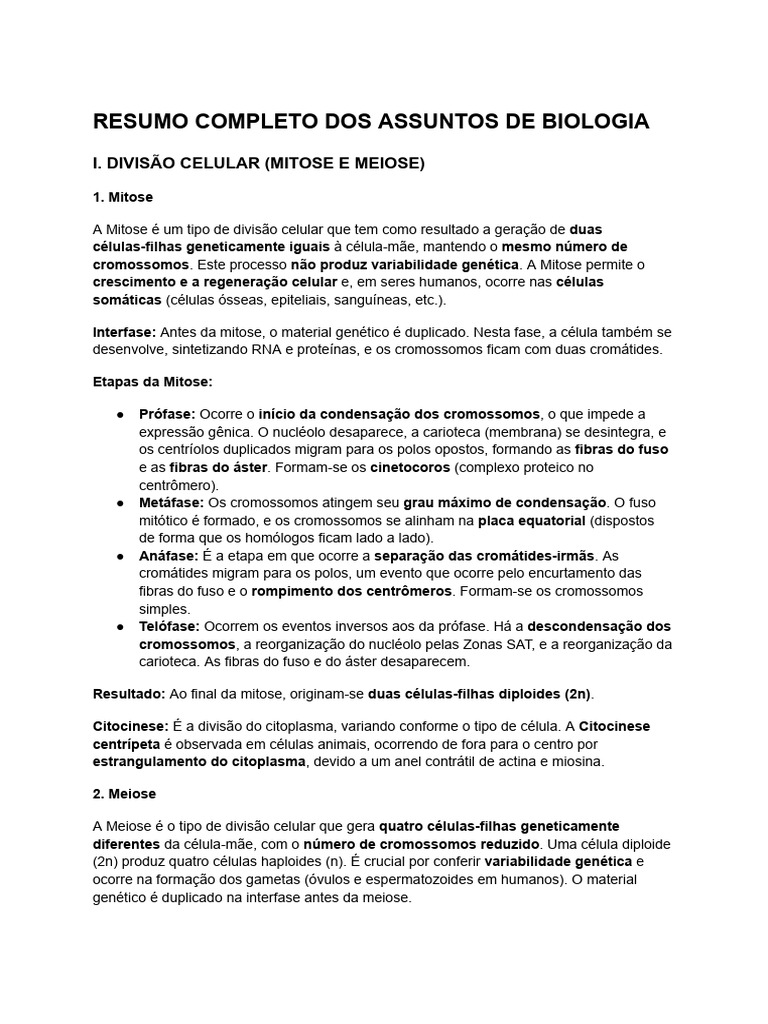 Resumo Completo Dos Assuntos de Biologia | PDF | Mitose | Meiose
