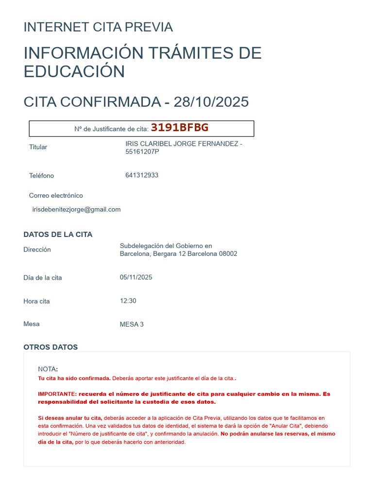 Confirmación de Cita Previa Educación | PDF