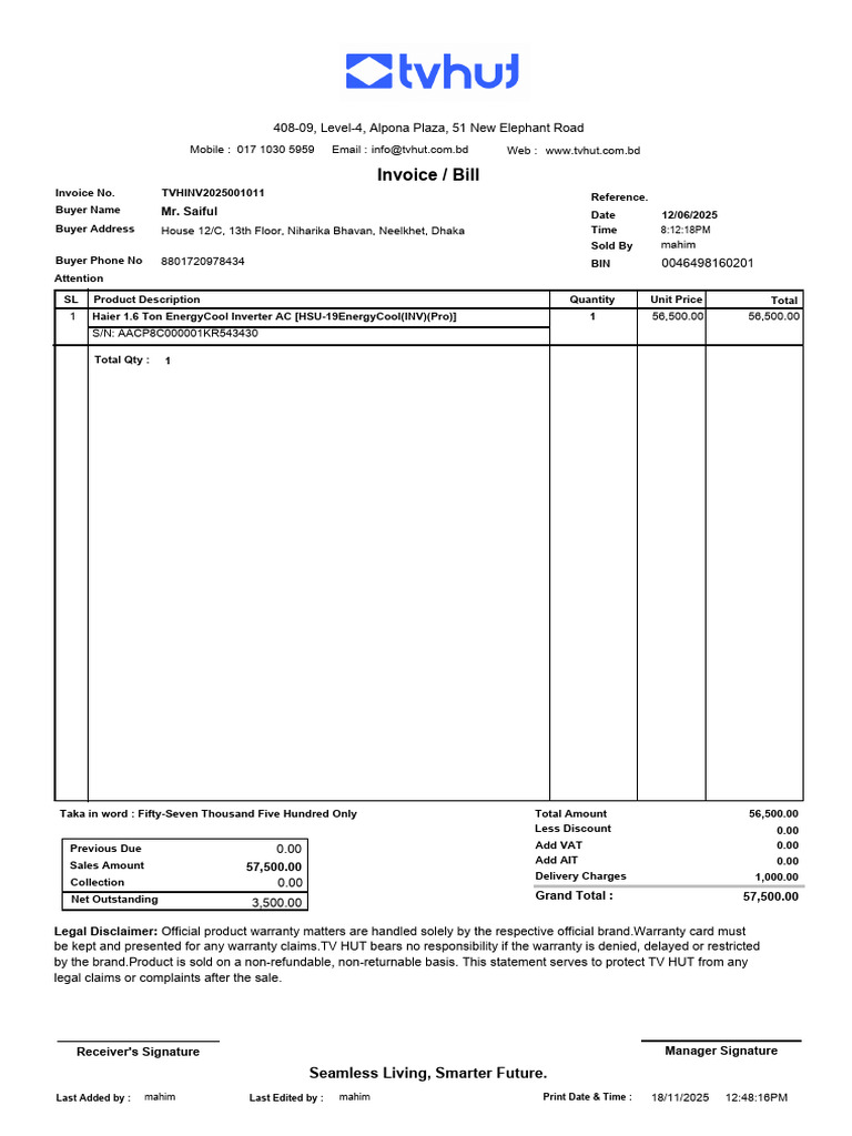 Mr. Saiful Haier AC Due Bill | PDF