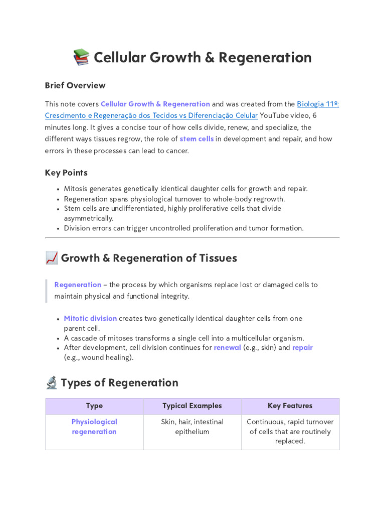 Cellular Growth and Regeneration Explained | PDF | Cellular ...