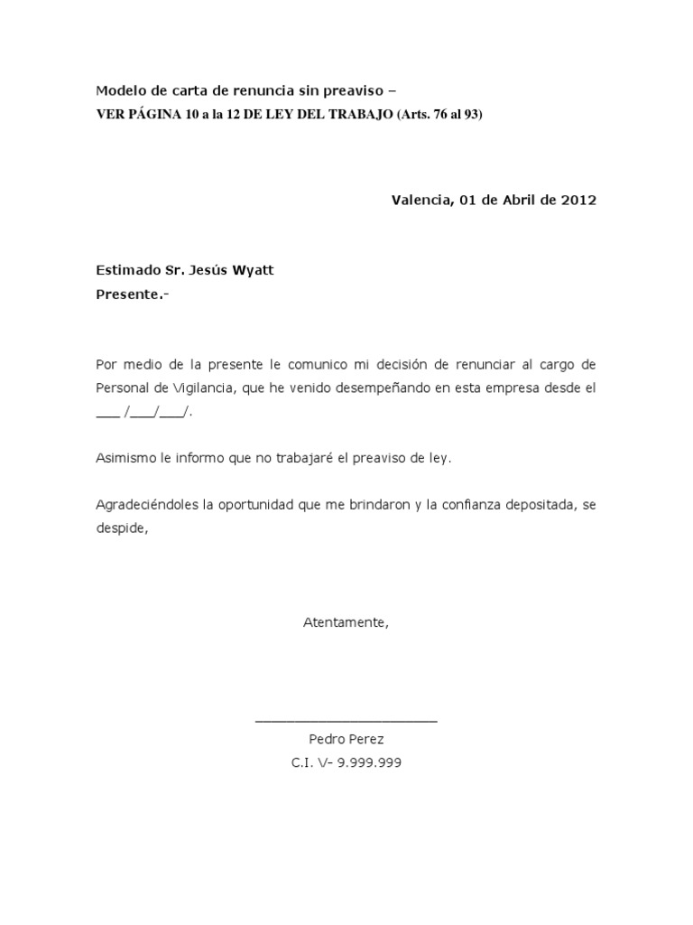 Carta De Renuncia Voluntaria Word Peru - v Carta De