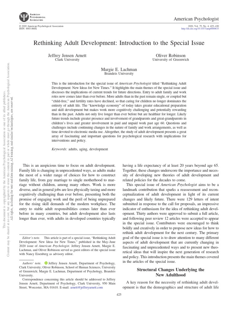 Rethinking Adult Development - Introduction To The Special Issue | PDF ...
