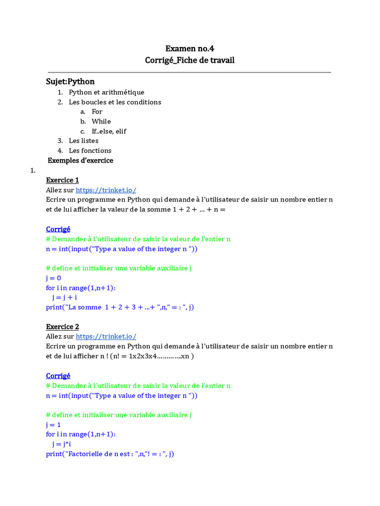 Exercices de base en Python et corrigés | PDF | Python (Langage de ...