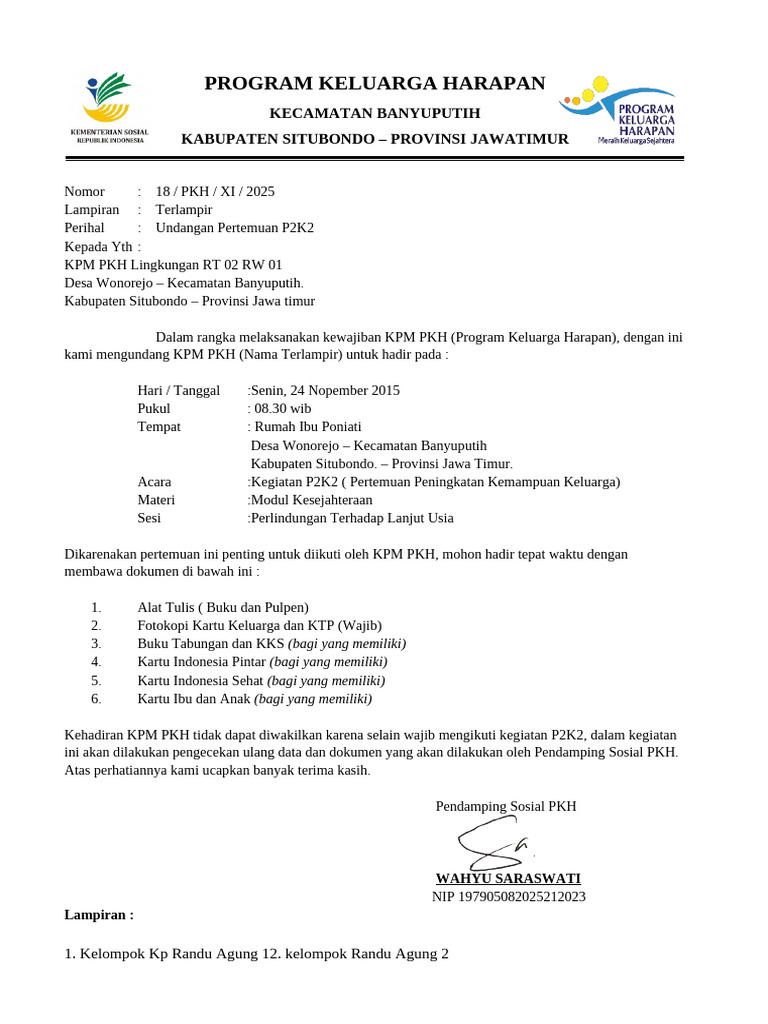 Undangan Pertemuan P2K2 PKH Situbondo | PDF