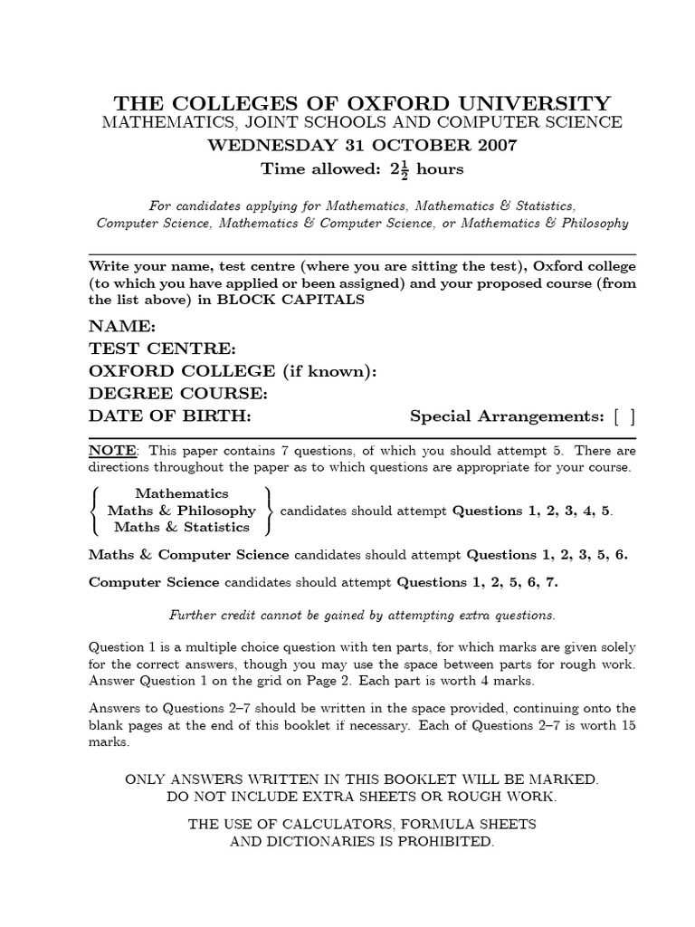 Oxford University Mathematics Test 2007 | PDF | Mathematics | Function ...