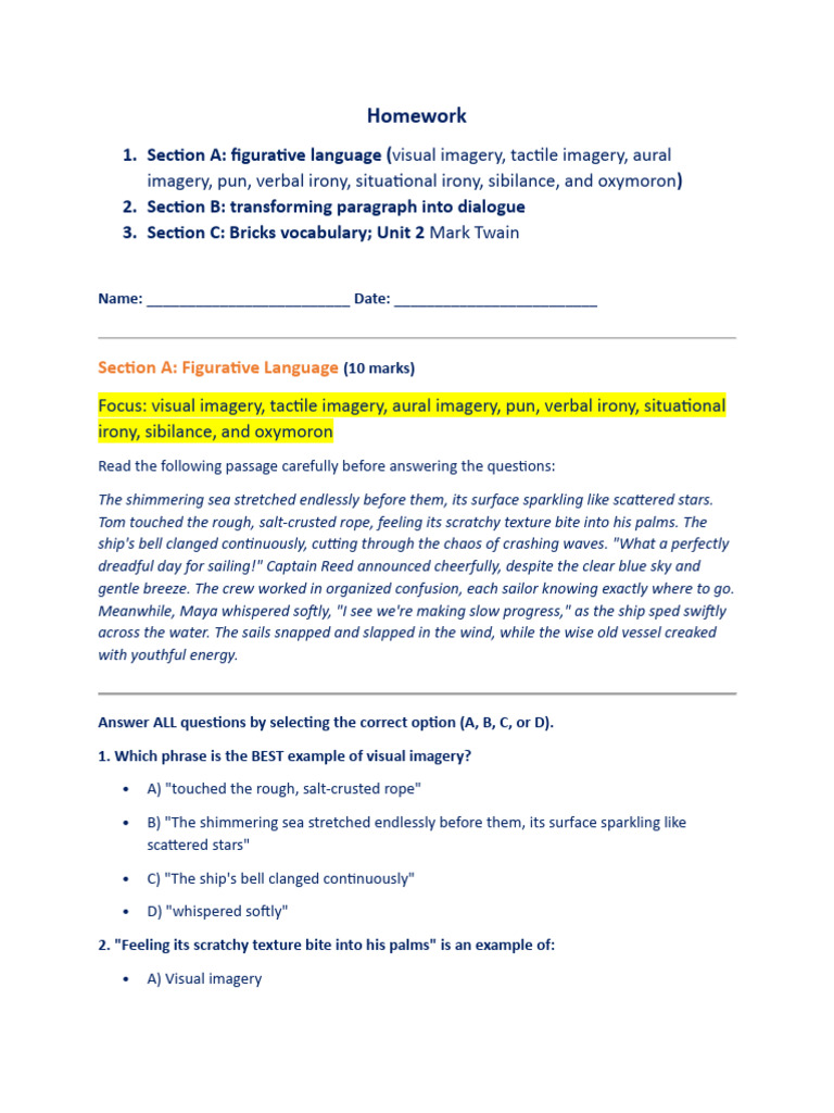 Figurative Language and Dialogue Homework | PDF