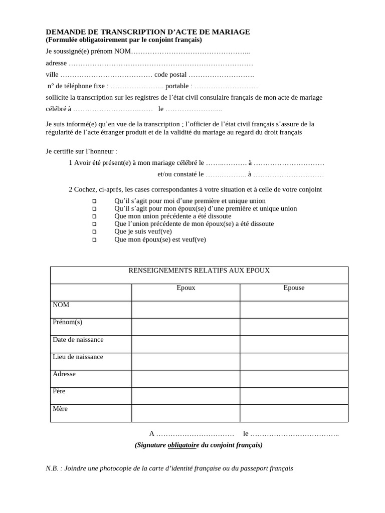 Demande de transcription mariage français | PDF