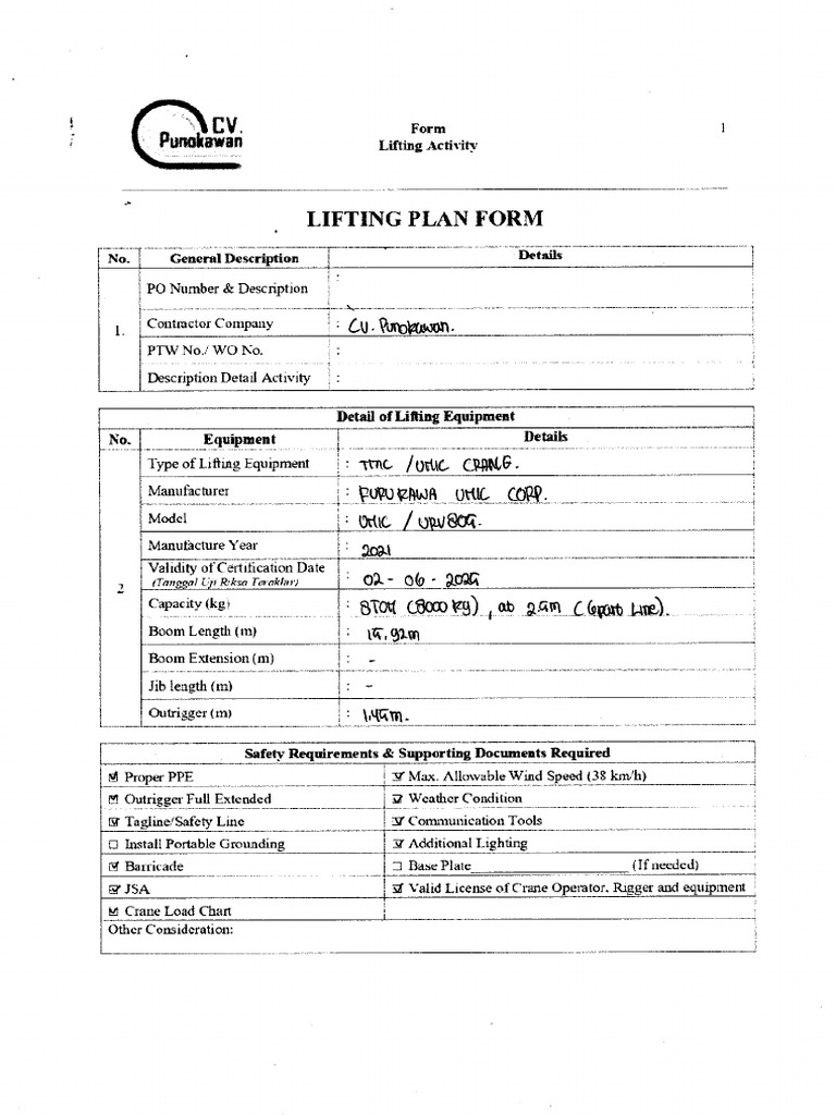 Lifting Plan Form Tmc8t Isuzu1 20.11 | PDF