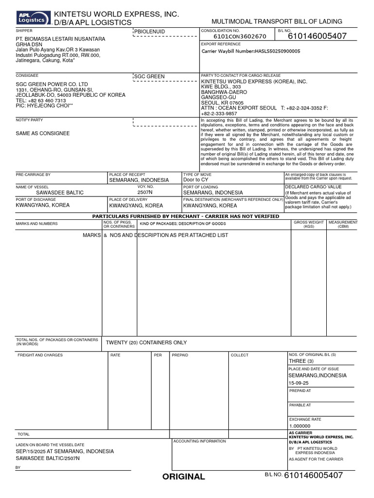 Multimodal Transport Bill of Lading | PDF | Bill Of Lading | Cargo