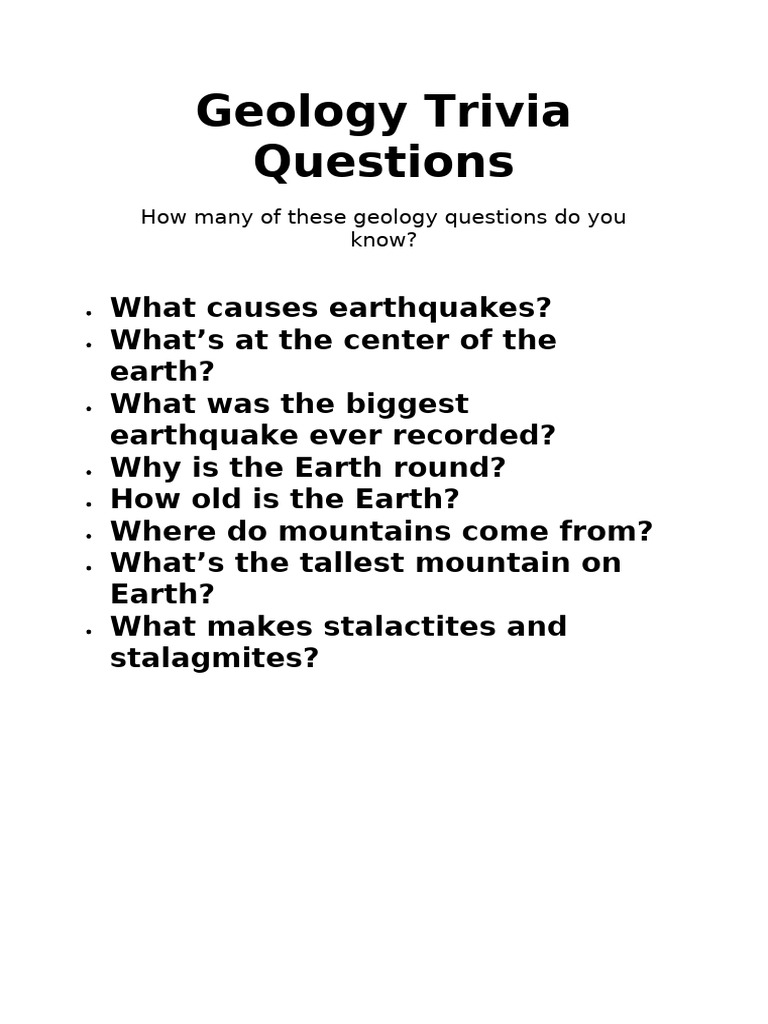 Geological Trivia Questions | PDF | Earth | Earthquakes