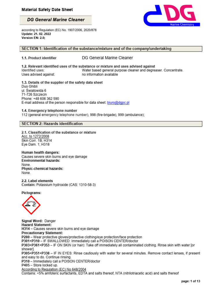 DG General Marine Cleaner Safety Data Sheet | PDF | Dangerous Goods ...