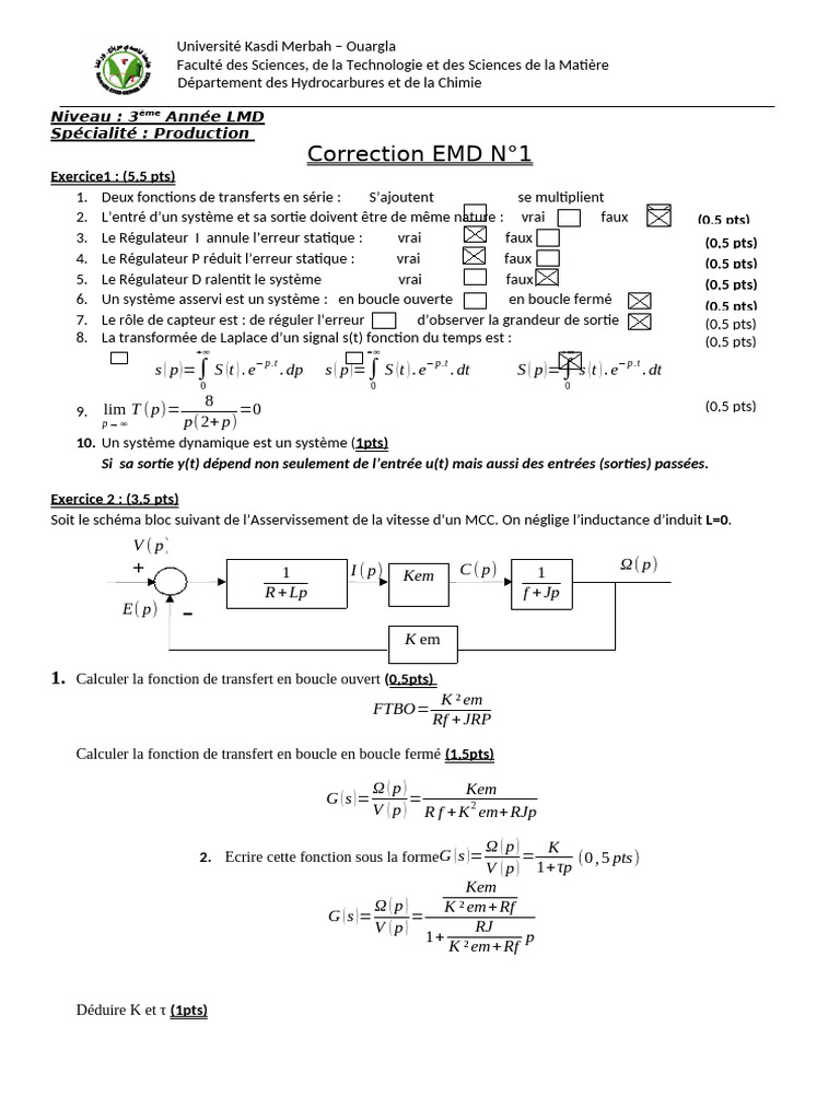 Correction EMD N°1 : Systèmes Asservis et Transferts | PDF