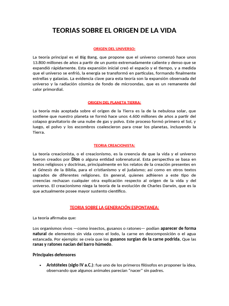 TEORIAS SOBRE EL ORIGEN DE LA VIDA 1EROS BGU | PDF | Universo ...