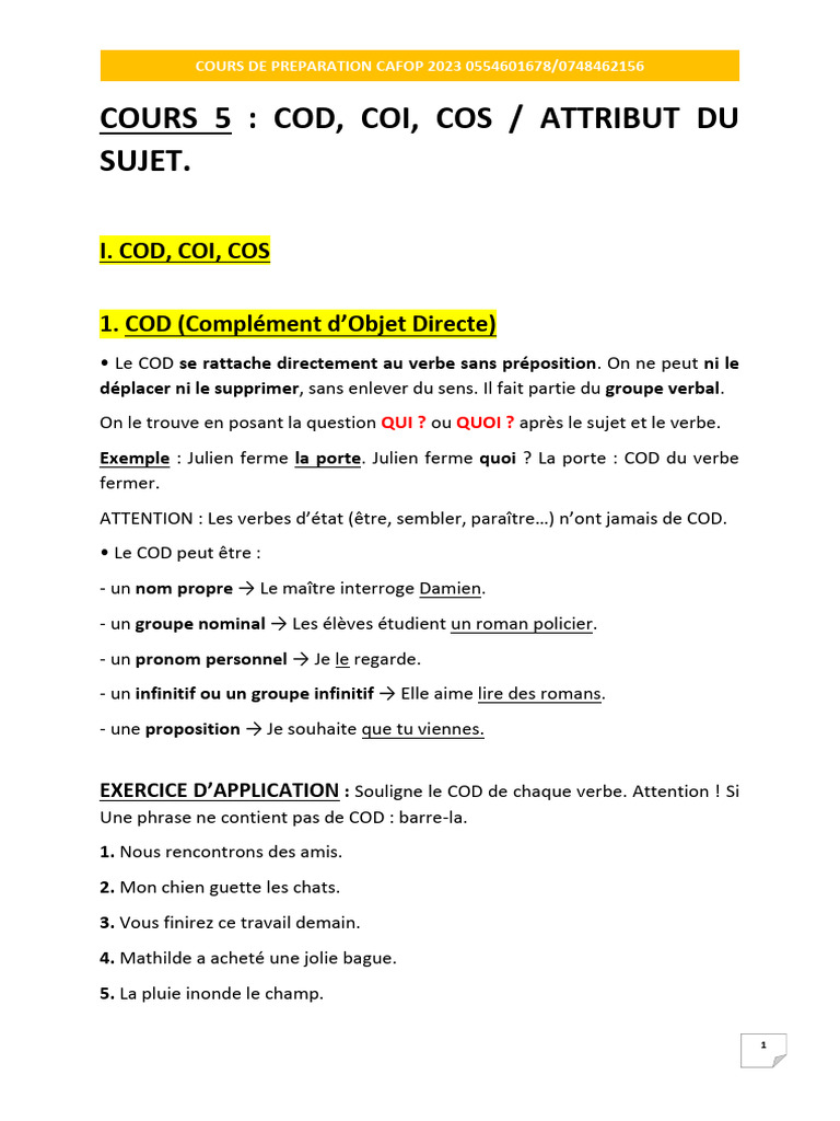 Cours sur COD, COI, COS et Attributs | PDF | Complément d'objet | Sujet ...