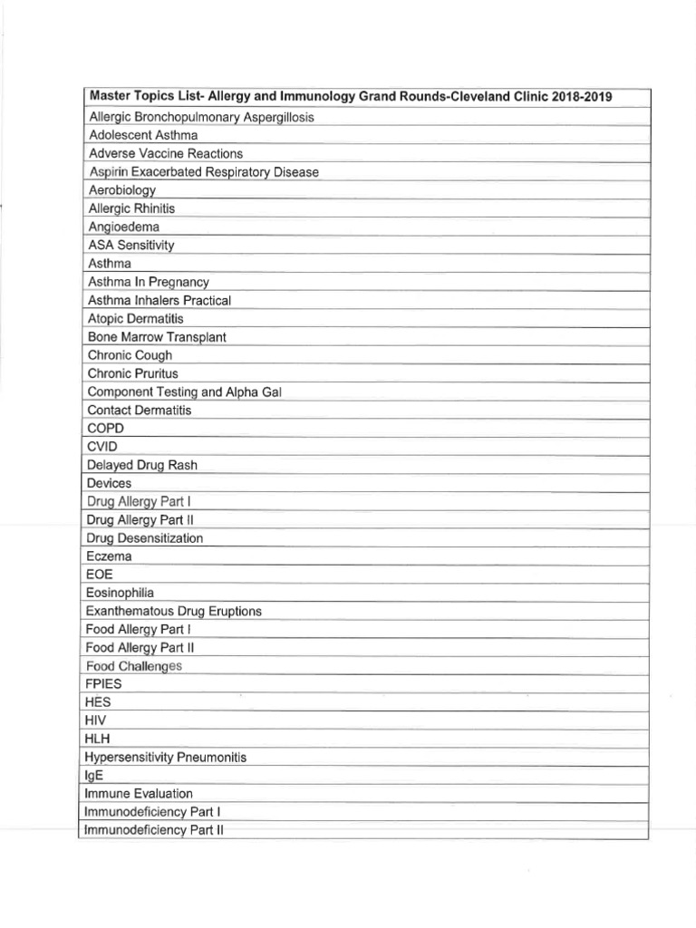 Allergy Immunology Topics List | PDF