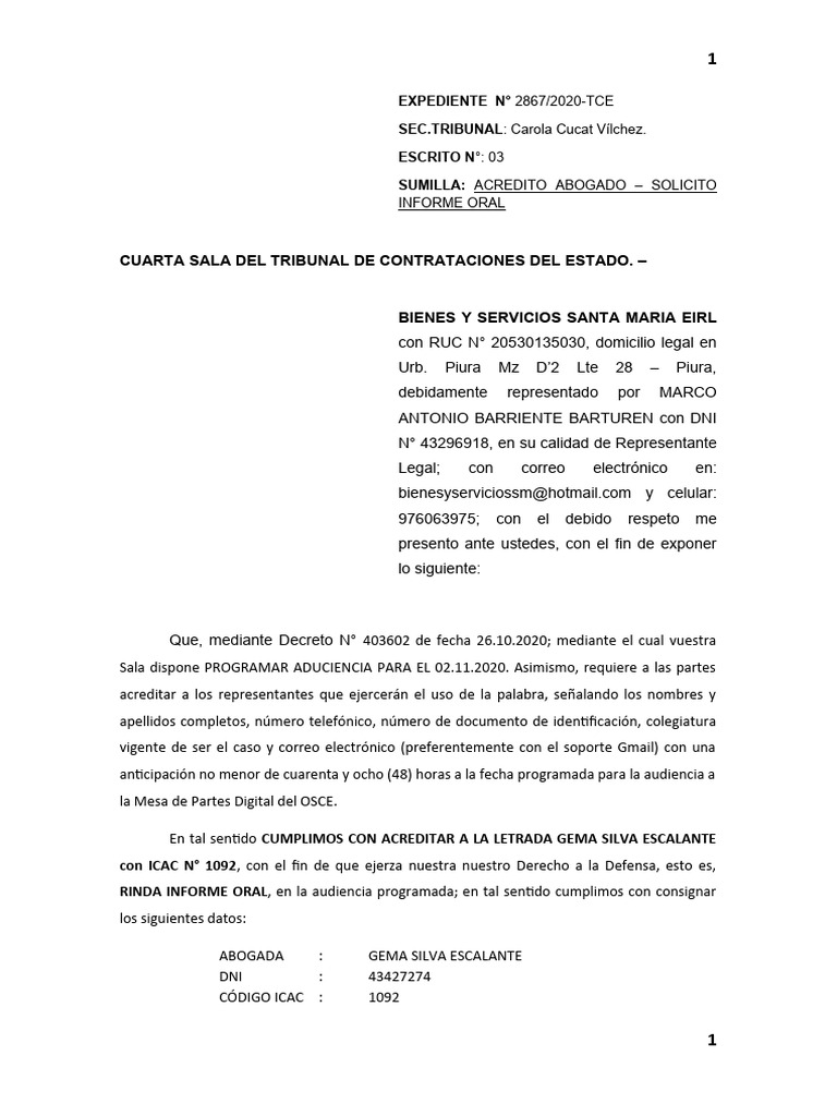 Acredito Abogado Solicito Informe Oral | PDF | Justicia | Crimen y ...