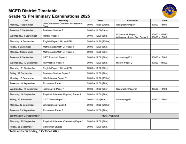 MCED District Timetable 2025 Term 3 | PDF | Science