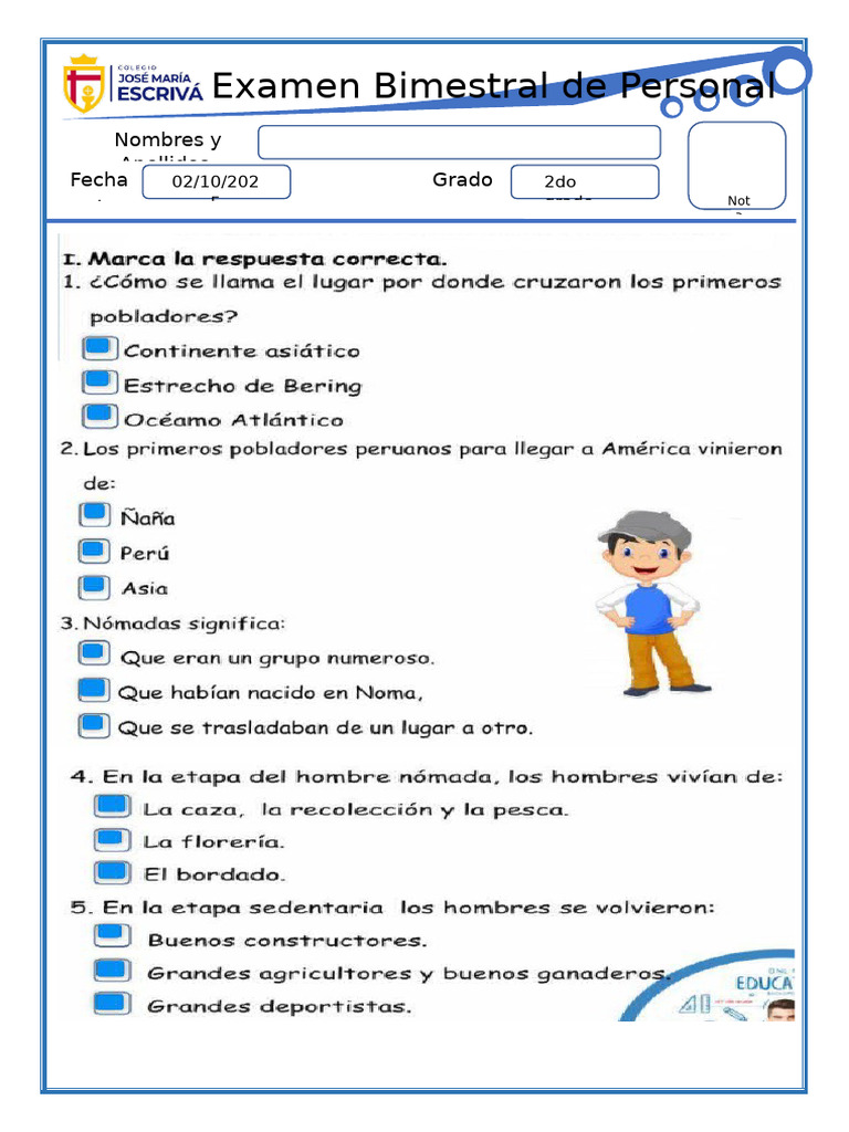 Examen Bimestral 2do Grado Personal Social | PDF