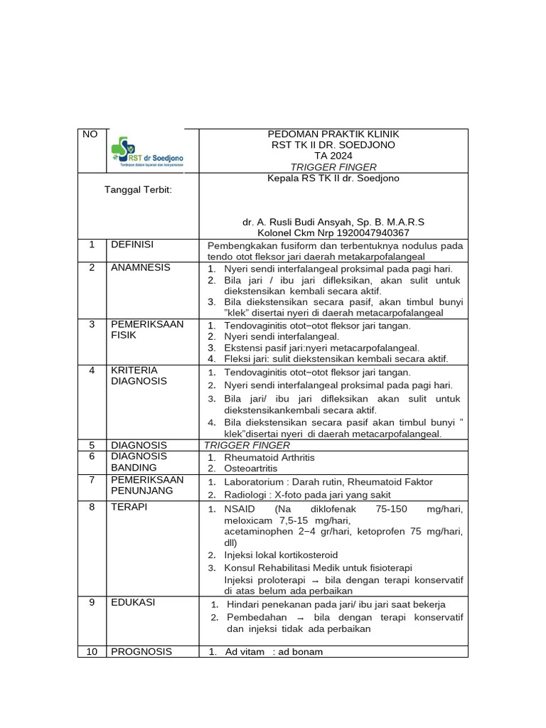 Pedoman Diagnosis dan Terapi Trigger Finger | PDF